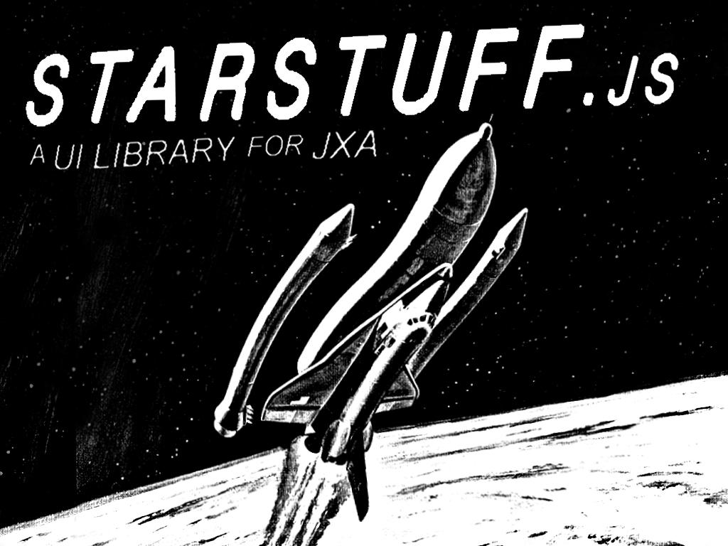 A slide with the title; 'starstuff.js, A UI Library for JXA' over a black and white photo of a space shuttle in space that I Photoshopped to be all wobbly and grainy.