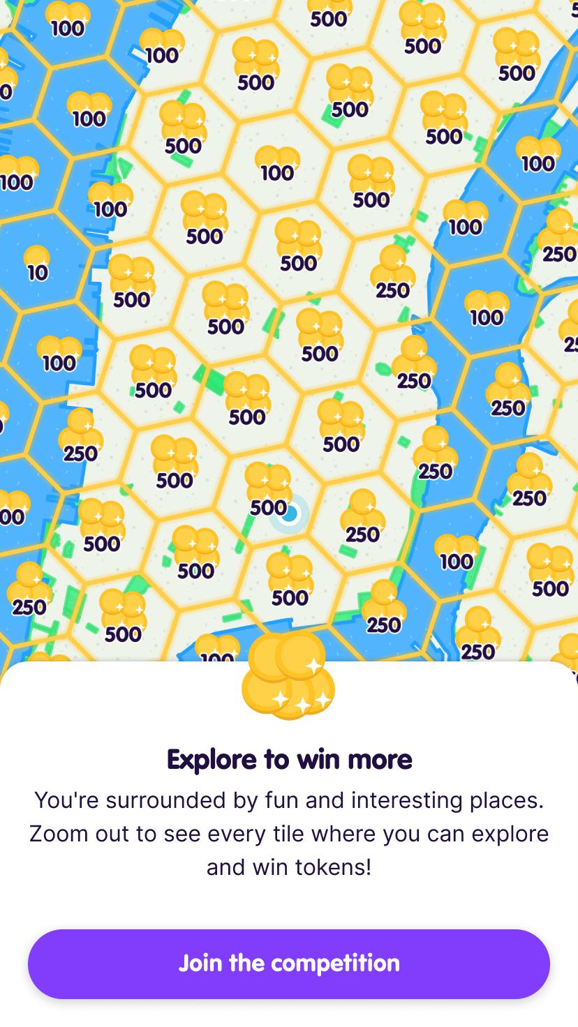 Screenshot from the app intro with a zoomed out map to show the surrounding tiles and available reward amounts. There's a button prompting the user to Join the competition.