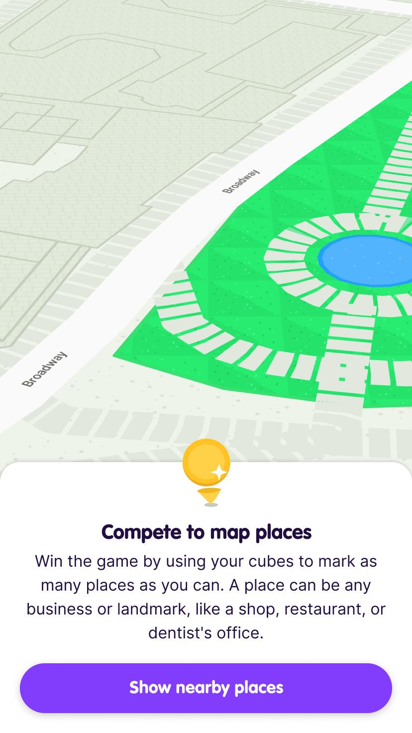Screenshot from the app intro showing empty map and prompting the user to tap a button to Show nearby places.
